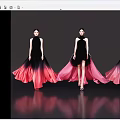 Women in elegant black gradient red long dresses standing on black background with reflections