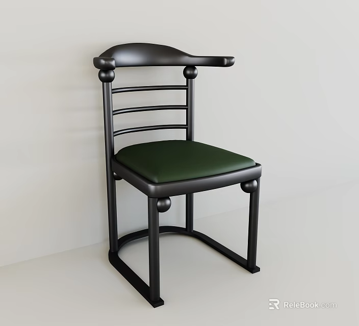 Single Chair With Black Frame Green Cushion Curved Armrest Horizontal Slat Back And Round Balls 3d model 