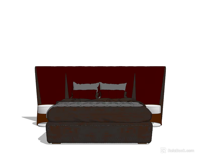 Modern Double Bed Design with Dark Brown Mattress and Maroon Headboard 3d model