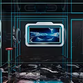Luxury KTV Interior With Blue Neon Lights Circular Screens And Leather Seats
