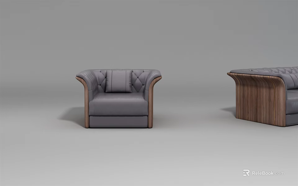Gray Leather Single Sofa With Wooden Armrests Stitching Details And Side Table 3d model