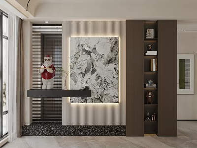 Modern Interior Entrance Design With Marble Wall Art Wooden Shelves And Ornament 3d model