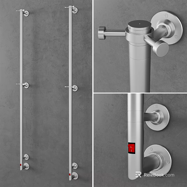 Modern Metal Wall Mounted Pipe Design With Knobs Brackets And Red Indicator Light 3d model