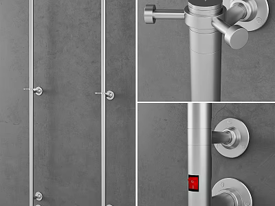 Modern Metal Wall Mounted Pipe Design With Knobs Brackets And Red Indicator Light 3d model