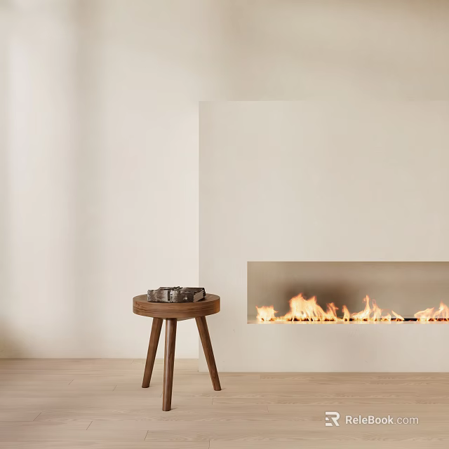 Wooden Three Legs Side Table With Small Items Next To Burning Fireplace Flames 3d model