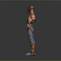 Game Movie Character With Red Hair Sleeveless Top Blue Overalls Brown Straps And Metal Boots