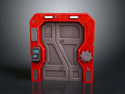 Futuristic Red Metallic Door With Control Panel Gear And Vents Design 3d model