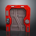 Futuristic Red Metallic Door With Control Panel Gear And Vents Design
