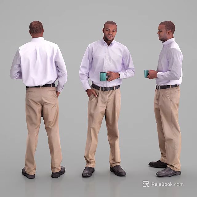 Man In Light Purple Shirt And Khaki Pants Holding Green Cup From Different Angles 3d model 