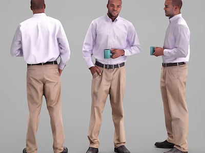Man In Light Purple Shirt And Khaki Pants Holding Green Cup From Different Angles 3d model