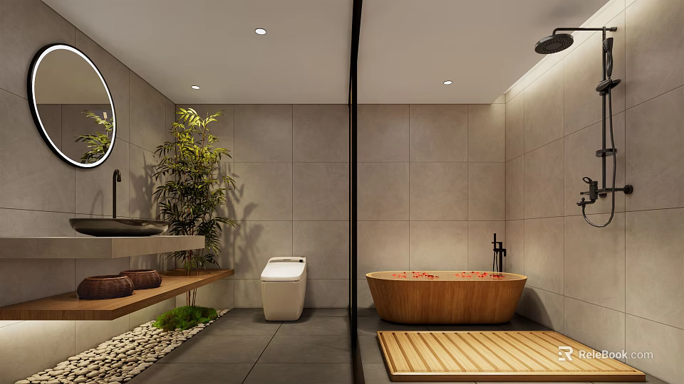 Relaxing SPA Sauna Interior With Wooden Bathtub Green Plants And Modern Design 3d model 