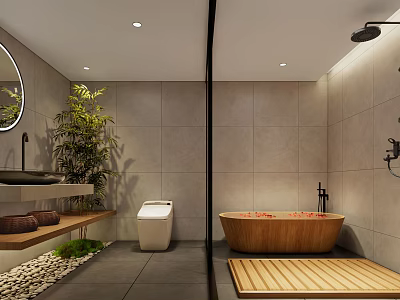 Relaxing SPA Sauna Interior With Wooden Bathtub Green Plants And Modern Design 3d model