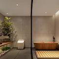 Relaxing SPA Sauna Interior With Wooden Bathtub Green Plants And Modern Design