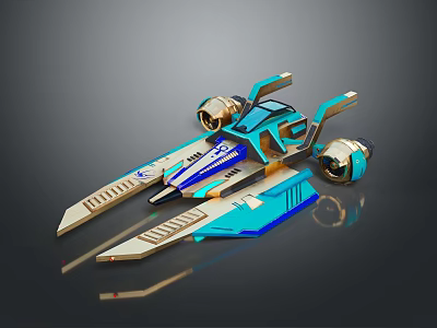 Futuristic Blue And Gold Spaceship With Sleek Aerodynamic Wings And Engines 3d model