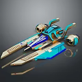 Futuristic Blue And Gold Spaceship With Sleek Aerodynamic Wings And Engines