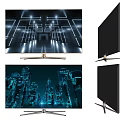Modern LED Television with Futuristic Cityscape Display Sleek Slim Body and Golden Stand