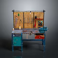 Vintage Workbench Setup With Wall Tool Rack Hanging Tools And Blue Drawers