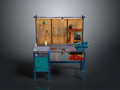 Vintage Workbench Setup With Wall Tool Rack Hanging Tools And Blue Drawers 3d model
