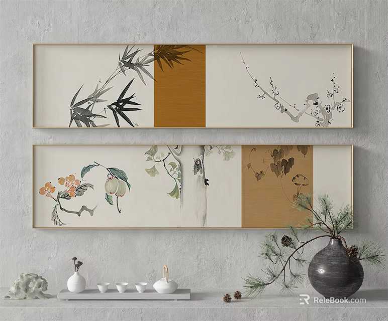 Chinese Interior Decor With Long Scroll Paintings Bamboo Plum Blossoms And Tea Sets 3d model