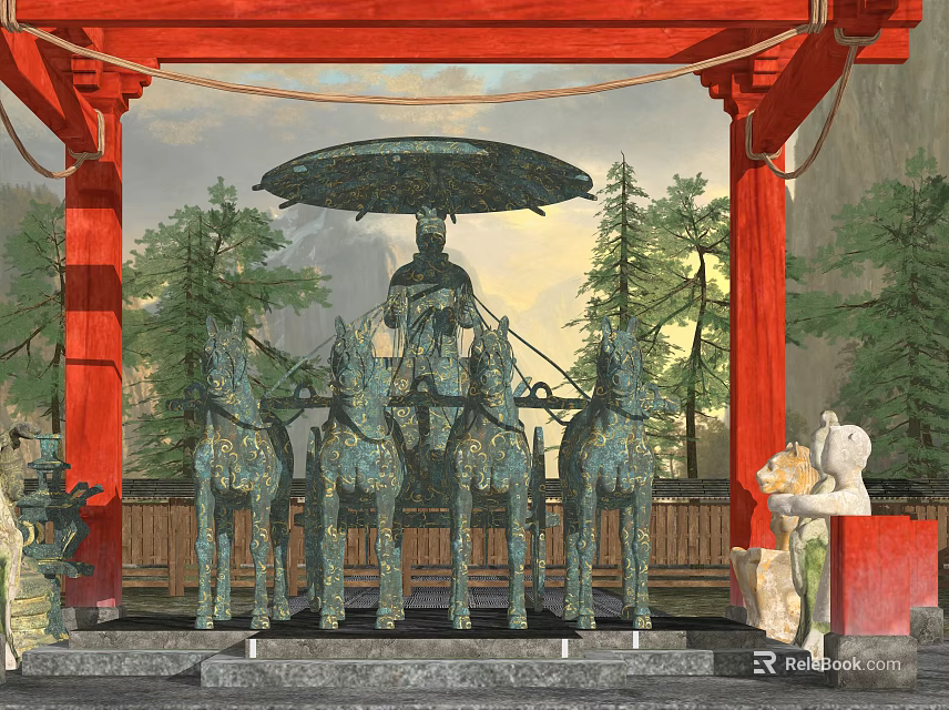 Garden Ornaments With Red Pavilion Bronze Four Horse Drawn Carriage And White Dog Sculpture Trees 3d model 