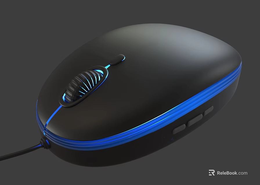 Black Wired Computer Mouse With Blue LED Lights Side Buttons And Sleek Design 3d model 