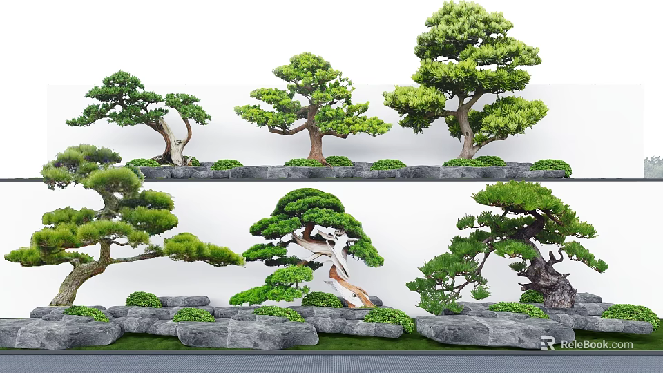 Sculpted Arbor Varieties In Garden Landscape With Stone And Green Moss 3d model 