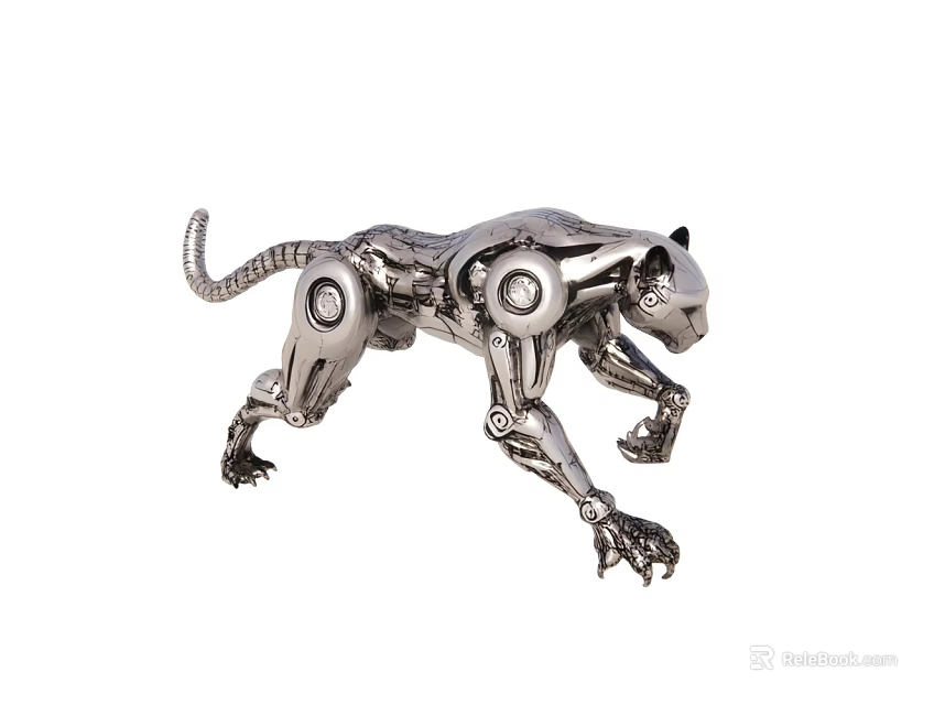 Silver Metal Mechanical Leopard Sculpture With Gear Joints And Robot Design 3d model 