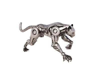 Silver Metal Mechanical Leopard Sculpture With Gear Joints And Robot Design 3d model