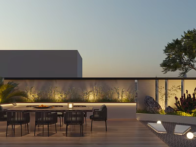Rooftop Garden Landscape Featuring Wooden Deck Dining Table Chairs Green Plants Lighting Tree Stone Decoration 3d model