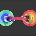 Cartoon Scene With Rainbow Arch Two Flowers In Vases On Colorful Circular Bases And Reflections
