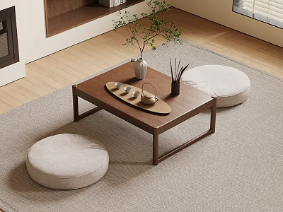 Natural Minimalist Wooden Tea Table With Round Floor Cushions And Tea Set 3d model