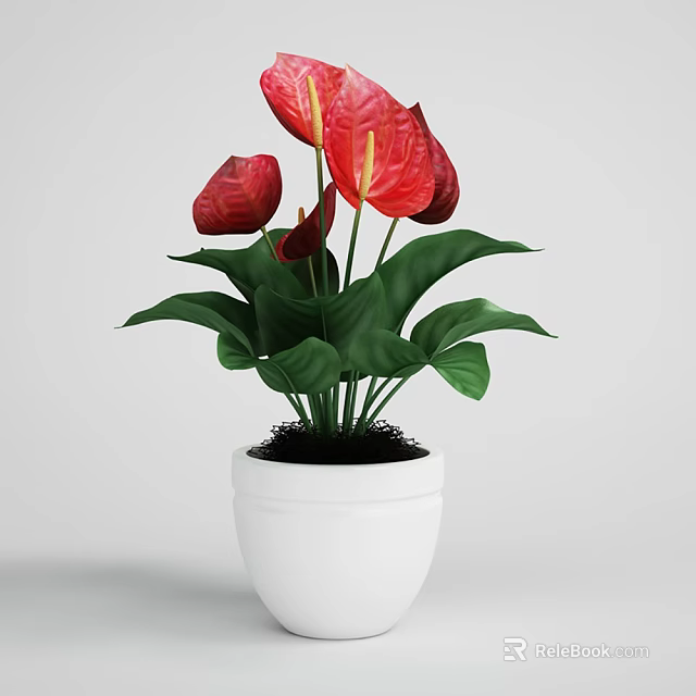 Bonsai Potted Plant With Red Flowers And Green Leaves In White Pot 3d model 