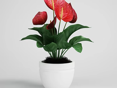 Bonsai Potted Plant With Red Flowers And Green Leaves In White Pot 3d model