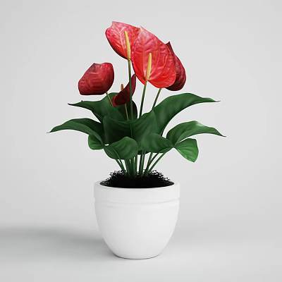Bonsai Potted Plant With Red Flowers And Green Leaves In White Pot 3d model
