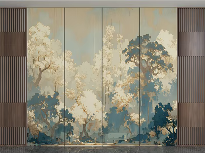 Nature Inspired Wall With Tree Patterns Beige Blue White Tones And Wooden Decorative Strips 3d model