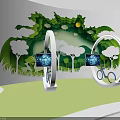 Bicycle Display In White Circular Frames With Blue Screens Paper Art Trees Green Background