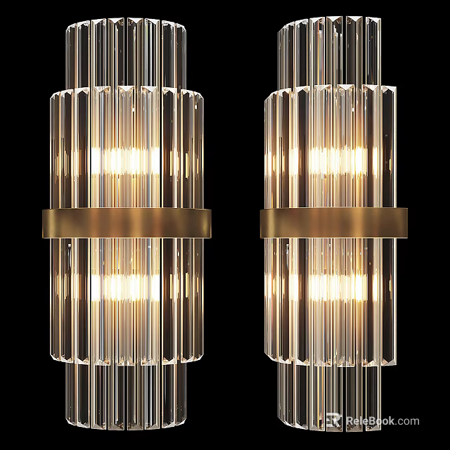 Modern Illuminated Wall Lamps With Transparent Glass Shades Gold Metal Rings And Vertical Lines 3d model 