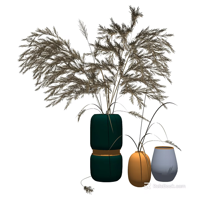 Modern Decorative Vases with Dried Reed Plants in Green Orange and Blue 3d model 