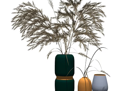 Modern Decorative Vases with Dried Reed Plants in Green Orange and Blue 3d model