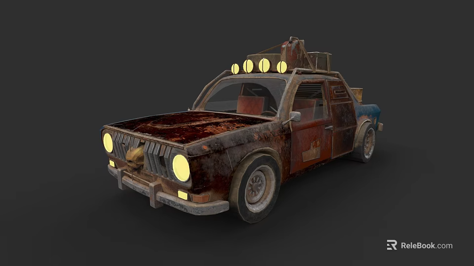 Rusty Modified Car With Three Round Roof Lights And Damaged Worn Out Body 3d model 