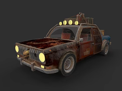 Rusty Modified Car With Three Round Roof Lights And Damaged Worn Out Body 3d model