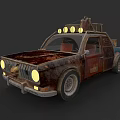 Rusty Modified Car With Three Round Roof Lights And Damaged Worn Out Body