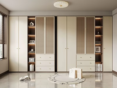 Elegant Modern Wardrobe Design With Beige Finish Drawers And Open Storage Shelves 3d model