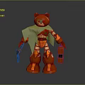 Red Bear Robotic Character with Green Cape and Orange Armor Features 3d model