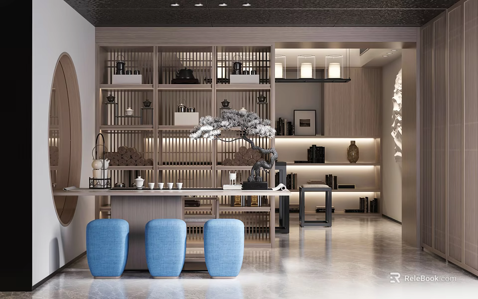 Modern Tea Room Interior With Wooden Shelves Blue Stools And Decorations 3d model 