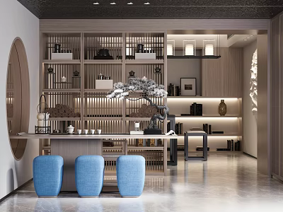 Modern Tea Room Interior With Wooden Shelves Blue Stools And Decorations 3d model