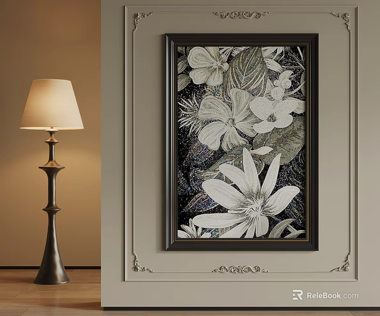 Framed Floral Decorative Painting With Vintage Lamp And Wall Accents 3d model 