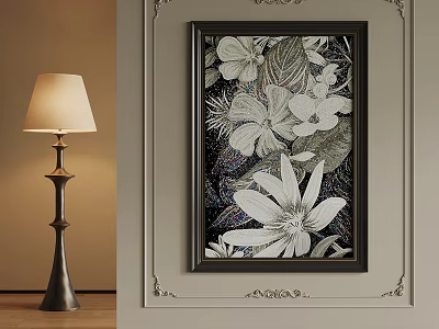 Framed Floral Decorative Painting With Vintage Lamp And Wall Accents 3d model