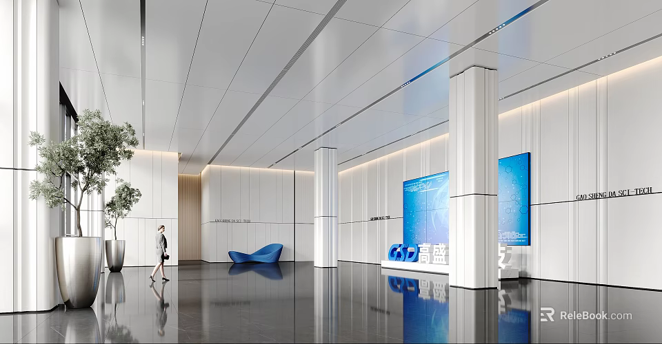 Modern Office Lobby Reception Desk With Blue Accents White Pillars And Green Plant 3d model 