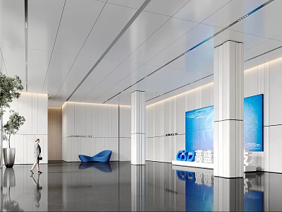 Modern Office Lobby Reception Desk With Blue Accents White Pillars And Green Plant 3d model